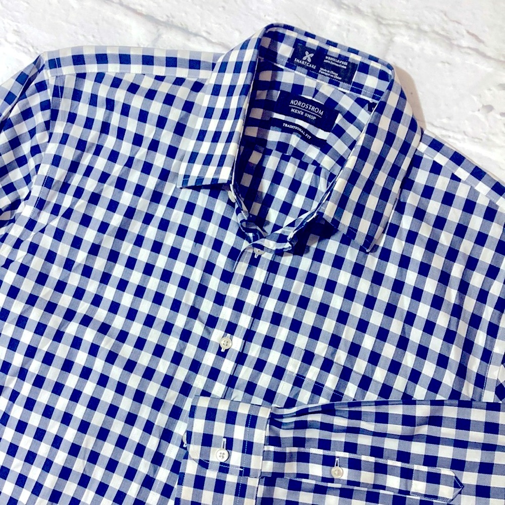 Nordstrom Traditional Fit Blue Gingham Plaid Shirt Mens Size 16-34 Wrinkle Free